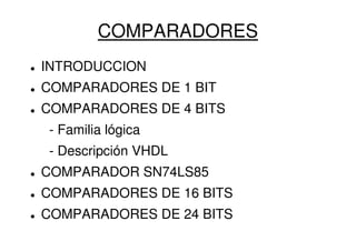 COMPARADORES
INTRODUCCION
COMPARADORES DE 1 BIT
COMPARADORES DE 4 BITS
- Familia lógica
- Descripción VHDL
COMPARADOR SN74LS85
COMPARADORES DE 16 BITS
COMPARADORES DE 24 BITS
 