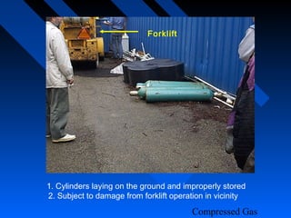 Forklift




1. Cylinders laying on the ground and improperly stored
2. Subject to damage from forklift operation in vicinity

                                        Compressed Gas
 