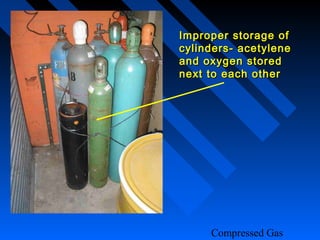 Improper storage of
cylinders- acetylene
and oxygen stored
next to each other




     Compressed Gas
 