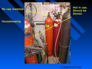 Not in use.
No cap installed
                           Should be
                           Stored.


Housekeeping




                   Compressed Gas
 