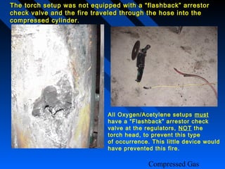 The torch setup was not    equipped with a “flashback” arrestor
check valve and the fire   traveled through the hose into the
compressed cylinder.




                                All Oxygen/Acetylene setups must
                                have a “Flashback” arrestor check
                                valve at the regulators, NOT the
                                torch head, to prevent this type
                                of occurrence. This little device would
                                have prevented this fire.

                                              Compressed Gas
 