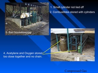 1. Small cylinder not tied off
                                   2. Combustibles stored with cylinders




 3. Bad housekeeping




4. Acetylene and Oxygen stored
too close together and no chain.




                                               Compressed Gas
 