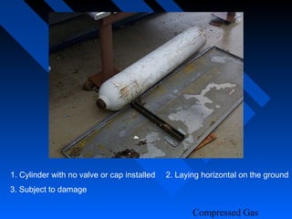 1. Cylinder with no valve or cap installed   2. Laying horizontal on the ground
3. Subject to damage

                                                    Compressed Gas
 