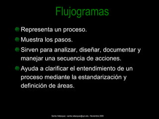 Representa un proceso.  Muestra los pasos. Sirven para analizar, diseñar, documentar y manejar una secuencia de acciones. Ayuda a clarificar el entendimiento de un proceso mediante la estandarización y definición de áreas. Flujogramas Santia Velázquez - santia.velazquez@upr.edu - Noviembre 2009 