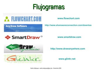 Flujogramas http://www.sharewareconnection.com/download-flow-diagrams-software-from-sharecon.html www.flowchart.com www.smartdraw.com http://www.drawanywhere.com www.glinkr.net Santia Velázquez - santia.velazquez@upr.edu - Noviembre 2009 