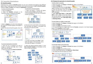 19. SmartArt Illustrations
19-1 SmartArt graphics
PowerPoint has a variety of SmartArt graphics you can use to illustrate and organize many different
types of ideas. To get the most out of SmartArt, you'll need to know how to insert a SmartArt graphic,
modify the color and effects, and change the organization of the graphic.
19-2 Changing the organization of a SmartArt graphic
To insert a SmartArt graphic:
1. Select the Insert tab.
2. Select the SmartArt command in the
Illustrations group. A dialog box will appear.
3. Select a category on the left of the dialog box
and review the SmartArt graphics that appear in
the center.
4. Select the desired SmartArt graphic, then click
OK.
To add a shape to a graphic:
1. Select the graphic. The Design and Format tabs appear on the Ribbon.
2. Select the Design tab.
To add text to a SmartArt graphic:
1. Select the graphic. A border will appear
around it with an arrow on the left side.
2. Click the arrow on the left side of the graphic
to open the task pane.
3. Enter text next to each bullet in the task pane.
The information will appear in the graphic and
will resize to fit inside the shape
4. To add a new shape, press Enter. A new
bullet will appear in the task pane, and a
new shape will appear in the graphic..
To convert existing text to SmartArt:
1. Select the list or paragraph you want to
change to SmartArt and right click. A drop-
down menu will appear.
2. Hover the mouse over Convert to SmartArt.
3. Select the desired SmartArt graphic, or click
More SmartArt Graphics at the bottom of the
menu to view more options.
To move shapes to a higher or lower level:
1. Select the graphic. The Design and Format tabs appear on the Ribbon.
2. Select the Design tab.
3. Select the shape you would like to move.
4. To move the shape to a higher level, click the Promote command in the Create Graphic
group, or click Demote to move it lower.
5. The shape will move one level higher or lower.
To rearrange shapes on the same level:
1. Select the graphic. The Design and Format tabs appear on the Ribbon.
2. Select the Design tab.
3. Select the shape you would like to move.
4. In the Create Graphic group, click Move Up or Move Down.
5. The shape will move one space up or down.
3. Decide where you want the new shape to
appear, and select one of the shapes nearby.
4. Click the drop-down arrow on the Add
Shape command in the Graphics group. A
menu will appear.
5. Select Add Shape Before or Add Shape
After to add a shape on the same level as
the one you selected. To add a shape above
or below that one, select Add Shape Above
or Add Shape Below.
6564
 