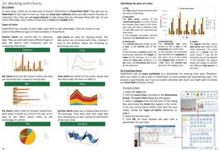 22. Working with Charts
22-1 Charts
In many ways, charts are an ideal way to present information in PowerPoint 2010. They give you an
illustration of your data. A chart can help you show your audience what your data means and why it's
important. Plus, they can add visual interest to slide shows that are otherwise filled with text. To use
charts effectively, you'll need to know how to insert and modify them.
To insert a chart:
1. Select the Insert tab.
2. Click the Insert Chart command in the Illustrations
Group. The Insert Chart dialog box will appear.
3. Select a category from the left pane of the dialog
box, and review the charts that appear in the center.
If you are unsure about which chart best fits your
needs, review the Types of Charts interactive on
page 2.
4. Select the desired chart.
5. Click OK. An Excel window will open with a
placeholder for your data.
Types of charts
PowerPoint has a variety of chart types, each with its own advantages. Click the arrows to see
some of the different types of charts available in PowerPoint.
Identifying the parts of a chart
Column charts use vertical bars to represent
data. They can work with many different types of
data, but they're most frequently used for
comparing information.
Line charts are ideal for showing trends. The
data points are connected with lines, making it
easy to see whether values are increasing or
decreasing over time.
Pie charts make it easy to compare proportions.
Each value is shown as a slice of the pie, so it's
easy to see which values make up the
percentage of a whole.
Bar charts work just like Column charts, but they
use horizontal bars instead of vertical bars.
Area charts are similar to line charts, except that
the areas under the lines are filled in.
Surface charts allow you to display data across a
3D landscape. They work best with large data
sets, allowing you to see a variety of information
at the same time.
1. Title
The title should clearly describe what
the chart is illustrating.
2. Data Series
The data series consists of the
related data points in a chart. If there
are multiple data series in the chart,
each one will have a different color
or style. Pie charts can only have one
data series.
In this example, the green columns
represent the Romance data series.
3. Vertical Axis
The vertical axis (also known as the
y axis) is the vertical part of the
chart.
In this example (a column chart), the
vertical axis measures the height, or
value of the columns, so it is also
called the value axis. However, in a
bar chart, the horizontal axis would
be the value axis.
4. Horizontal Axis
The horizontal axis (also
known as the x axis) is the
horizontal part of the chart.
In this example, the horizontal
axis identifies the categories in
the chart, so it is also called
the category axis. However, in
a bar chart, the vertical axis
would be the category axis.
5. Legend
The legend identifies which
data series each color on the
chart represents. For many
charts it is crucial, but for
some charts it may not be
necessary and can be deleted.
In this example, the legend
allows the viewer to identify
the different book genres in
the chart.
①
②
③
④
⑤
22-2 Inserting charts
PowerPoint uses an Excel worksheet as a placeholder for entering chart data. Therefore,
when you insert or edit a chart in PowerPoint, an Excel window will automatically open. The
process is user-friendly, but if you are totally unfamiliar with Excel, you might want to review
our Excel 2010 Cell Basics lesson.
7776
 