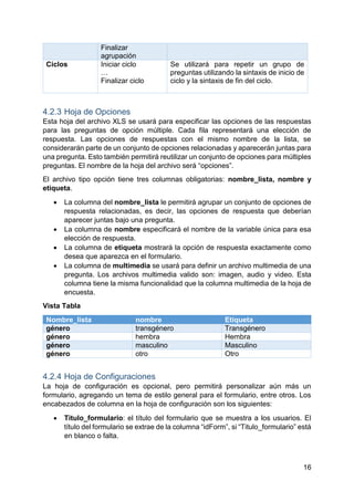 16
Finalizar
agrupación
Ciclos Iniciar ciclo
…
Finalizar ciclo
Se utilizará para repetir un grupo de
preguntas utilizando la sintaxis de inicio de
ciclo y la sintaxis de fin del ciclo.
4.2.3 Hoja de Opciones
Esta hoja del archivo XLS se usará para especificar las opciones de las respuestas
para las preguntas de opción múltiple. Cada fila representará una elección de
respuesta. Las opciones de respuestas con el mismo nombre de la lista, se
considerarán parte de un conjunto de opciones relacionadas y aparecerán juntas para
una pregunta. Esto también permitirá reutilizar un conjunto de opciones para múltiples
preguntas. El nombre de la hoja del archivo será “opciones”.
El archivo tipo opción tiene tres columnas obligatorias: nombre_lista, nombre y
etiqueta.
 La columna del nombre_lista le permitirá agrupar un conjunto de opciones de
respuesta relacionadas, es decir, las opciones de respuesta que deberían
aparecer juntas bajo una pregunta.
 La columna de nombre especificará el nombre de la variable única para esa
elección de respuesta.
 La columna de etiqueta mostrará la opción de respuesta exactamente como
desea que aparezca en el formulario.
 La columna de multimedia se usará para definir un archivo multimedia de una
pregunta. Los archivos multimedia valido son: imagen, audio y video. Esta
columna tiene la misma funcionalidad que la columna multimedia de la hoja de
encuesta.
Vista Tabla
Nombre_lista nombre Etiqueta
género transgénero Transgénero
género hembra Hembra
género masculino Masculino
género otro Otro
4.2.4 Hoja de Configuraciones
La hoja de configuración es opcional, pero permitirá personalizar aún más un
formulario, agregando un tema de estilo general para el formulario, entre otros. Los
encabezados de columna en la hoja de configuración son los siguientes:
 Titulo_formulario: el título del formulario que se muestra a los usuarios. El
título del formulario se extrae de la columna “idForm”, si “Titulo_formulario” está
en blanco o falta.
 