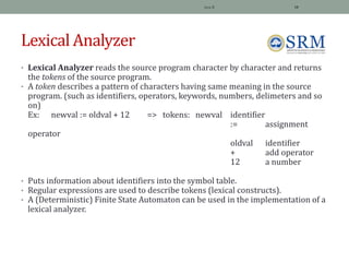 Lexical Analyzer
• Lexical Analyzer reads the source program character by character and returns
the tokens of the source program.
• A token describes a pattern of characters having same meaning in the source
program. (such as identifiers, operators, keywords, numbers, delimeters and so
on)
Ex: newval := oldval + 12 => tokens: newval identifier
:= assignment
operator
oldval identifier
+ add operator
12 a number
• Puts information about identifiers into the symbol table.
• Regular expressions are used to describe tokens (lexical constructs).
• A (Deterministic) Finite State Automaton can be used in the implementation of a
lexical analyzer.
Jeya R 10
 