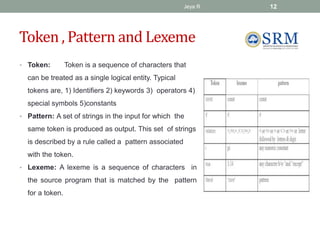 Token , Pattern and Lexeme
• Token: Token is a sequence of characters that
can be treated as a single logical entity. Typical
tokens are, 1) Identifiers 2) keywords 3) operators 4)
special symbols 5)constants
• Pattern: A set of strings in the input for which the
same token is produced as output. This set of strings
is described by a rule called a pattern associated
with the token.
• Lexeme: A lexeme is a sequence of characters in
the source program that is matched by the pattern
for a token.
Jeya R 12
 