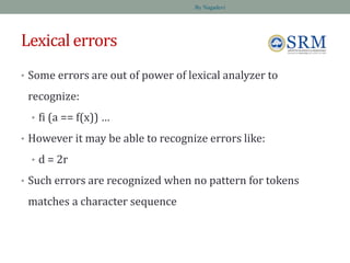 Lexical errors
• Some errors are out of power of lexical analyzer to
recognize:
• fi (a == f(x)) …
• However it may be able to recognize errors like:
• d = 2r
• Such errors are recognized when no pattern for tokens
matches a character sequence
By Nagadevi
 