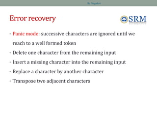 Error recovery
• Panic mode: successive characters are ignored until we
reach to a well formed token
• Delete one character from the remaining input
• Insert a missing character into the remaining input
• Replace a character by another character
• Transpose two adjacent characters
By Nagadevi
 