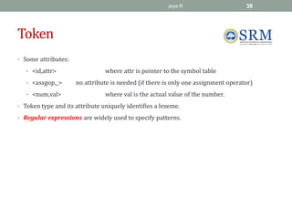 Token
• Some attributes:
• <id,attr> where attr is pointer to the symbol table
• <assgop,_> no attribute is needed (if there is only one assignment operator)
• <num,val> where val is the actual value of the number.
• Token type and its attribute uniquely identifies a lexeme.
• Regular expressions are widely used to specify patterns.
Jeya R 38
 