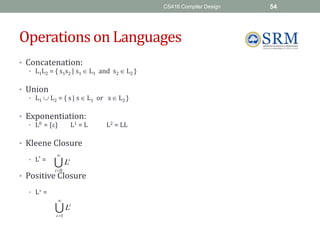 CS416 Compiler Design 54
Operations on Languages
• Concatenation:
• L1L2 = { s1s2 | s1  L1 and s2  L2 }
• Union
• L1 L2 = { s| s  L1 or s L2 }
• Exponentiation:
• L0 = {} L1 = L L2 = LL
• Kleene Closure
• L* =
• Positive Closure
• L+ =


0
i
i
L


1
i
i
L
 