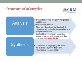 Structureof aCompiler
• Breaks the source program into pieces
and fit into a
grammatical structure
• If this part detect any syntactically ill
formed or semantically unsound error it
is report to the user
• It collect the information about the
source program and stored in a data
structure – Symbol Table
• Construct the target program from
the available symbol table and
intermediate representation
Analysis
Synthesis
Jeya R 7
 