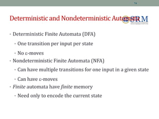 Deterministicand NondeterministicAutomata
• Deterministic Finite Automata (DFA)
• One transition per input per state
• No -moves
• Nondeterministic Finite Automata (NFA)
• Can have multiple transitions for one input in a given state
• Can have -moves
• Finite automata have finite memory
• Need only to encode the current state
74
 
