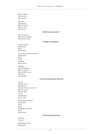 COMPILAÇÃO LEGISLATIVA - BOMBEIROS




Data do início;
Data do fim;
Documento.
Licenças:
Designação;
Data do início;
Data do fim;
Documento.
                                  m) Serviço operacional
Tipo de serviço.
Data/hora do início.
Data/hora do fim.
                                   n) Registo disciplinar
Condecorações:
Designação;
Data;
Documento.
Louvores/menções honrosas:
Designação;
Data;
Local;
Entidade;
Documento.
Punições:
Tipo/designação;
Data do início;
Data do fim; Local;
Alteração;
Documento.
                              o) Cursos/habilitações literárias
Cursos:
Tipo de curso;
Designação;
Número de horas do curso;
Data do início;
Data do fim;
Local;
Classificação;
Documento.
Habilitações literárias:
Designação;
Grau;
Data;
Entidade formadora;
Local;
Documento.
                                   p) Situação profissional
Profissão.
Vínculo.
Entidade patronal:
Designação;

                                           104
 