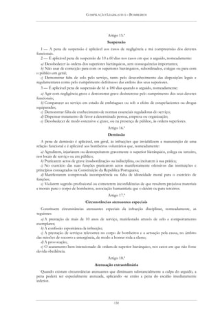 COMPILAÇÃO LEGISLATIVA – BOMBEIROS




                                            Artigo 15.º
                                            Suspensão
   1 — A pena de suspensão é aplicável aos casos de negligência e má compreensão dos deveres
funcionais.
   2 — É aplicável pena de suspensão de 10 a 60 dias nos casos em que o arguido, nomeadamente:
   a) Desobedecer às ordens dos superiores hierárquicos, sem consequências importantes;
   b) Não usar de correcção para com os superiores hierárquicos, subordinados, colegas ou para com
o público em geral;
   c) Demonstrar falta de zelo pelo serviço, tanto pelo desconhecimento das disposições legais e
regulamentares como pelo cumprimento defeituoso das ordens dos seus superiores.
   3 — É aplicável pena de suspensão de 61 a 180 dias quando o arguido, nomeadamente:
   a) Agir com negligência grave e demonstrar grave desinteresse pelo cumprimento dos seus deveres
funcionais;
   b) Comparecer ao serviço em estado de embriaguez ou sob o efeito de estupefacientes ou drogas
equiparadas;
   c) Demonstrar falta de conhecimento de normas essenciais reguladoras do serviço;
   d) Dispensar tratamento de favor a determinada pessoa, empresa ou organização;
   e) Desobedecer de modo ostensivo e grave, ou na presença de público, às ordens superiores.
                                            Artigo 16.º
                                            Demissão
   A pena de demissão é aplicável, em geral, às infracções que inviabilizem a manutenção de uma
relação funcional e é aplicável aos bombeiros voluntários que, nomeadamente:
   a) Agredirem, injuriarem ou desrespeitarem gravemente o superior hierárquico, colega ou terceiro,
nos locais de serviço ou em público;
   b) Praticarem actos de grave insubordinação ou indisciplina, ou incitarem à sua prática;
   c) No exercício das suas funções praticarem actos manifestamente ofensivos das instituições e
princípios consagrados na Constituição da República Portuguesa;
   d) Manifestarem comprovada incompetência ou falta de idoneidade moral para o exercício de
funções;
   e) Violarem segredo profissional ou cometerem inconfidências de que resultem prejuízos materiais
e morais para o corpo de bombeiros, associação humanitária que o detém ou para terceiros.
                                            Artigo 17.º
                              Circunstâncias atenuantes especiais
   Constituem circunstâncias atenuantes especiais da infracção disciplinar, nomeadamente, as
seguintes:
   a) A prestação de mais de 10 anos de serviço, manifestado através de zelo e comportamento
exemplares;
   b) A confissão espontânea da infracção;
   c) A prestação de serviços relevantes no corpo de bombeiros e a actuação pela causa, no âmbito
das missões de socorro e emergência, de modo a honrar toda a classe;
   d) A provocação;
   e) O acatamento bem intencionado de ordem de superior hierárquico, nos casos em que não fosse
devida obediência.
                                            Artigo 18.º
                                    Atenuação extraordinária
   Quando existam circunstâncias atenuantes que diminuam substancialmente a culpa do arguido, a
pena poderá ser especialmente atenuada, aplicando -se então a pena do escalão imediatamente
inferior.




                                                130
 