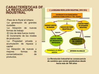 CARACTERÍSTICAS DE
LA REVOLUCIÓN
INDUSTRIAL

•Paso de lo Rural   al Urbano
•La generación      de grandes
ciudades
•La   Adopción de nuevas
formas de trabajo
•El Uso de dela fuerza motriz
•El Incremento de los niveles
de producción
•La   Propiedad privada y
acumulación de riqueza y
capital
•La Adopción de nuevas y
mejores        formas       de
comercialización            de
productos.
                                 La Revolución Industrial es consecuencia
                                 de cambios que venían gestándose desde
                                          hacía más de 100 años
 