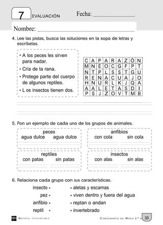7           EVALUACIÓN        Fecha:

Nombre:
4. Lee las pistas, busca las soluciones en la sopa de letras y
   escríbelas.

     A los peces les sirven
     para nadar.                     C   A   P   A    R    A         Z   Ó   N
                                     M   N   E   O    C    G         F   P   T
     Cría de la rana.
                                     N   T   P   L    S    S         T   G   U
     Protege parte del cuerpo        R   E   N   A    C    U         A   J   O
     de algunos reptiles.            H   N   U   R    L    K         J   Q   A
     L os insectos tienen dos.       A   A   L   E    T    A         S   D   I
                                     P   S   J   Z    O    V         T   M   B




5. Pon un ejemplo de cada uno de los grupos de animales.
              peces                              anfibios
     agua dulce   agua dulce              con cola       sin cola


              reptiles                           insectos
      con patas      sin patas            con alas       sin alas



6. Relaciona cada grupo con sus características.
               insecto         aletas y escamas
                    pez        viven dentro y fuera del agua
               anfibio         reptan o andan
               reptil          invertebrado
   M ATERIAL   FOTOCOPIABLE                   C ONOCIMIENT O   DEL   M EDIO 2.º   EP   33
 