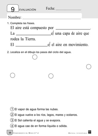 9          EVALUACIÓN                         Fecha:

Nombre:
1. Completa las frases.
  El aire está compuesto por                        .
  La                        e∫ una capa de aire que
  rodea la Tierra.
  El                     e∫ el aire en movimiento.
2. Localiza en el dibujo los pasos del ciclo del agua.




      1 El vapor de agua forma las nubes.
      2 El agua vuelve a los ríos, lagos, mares y océanos.
      3 El Sol calienta el agua y se evapora.
      4 El agua cae de en forma líquida o sólida.

 36    C ONOCIMIENT O   DE L   M EDIO 2.º   EP            M ATERIAL   FOTOCOPIABLE
 