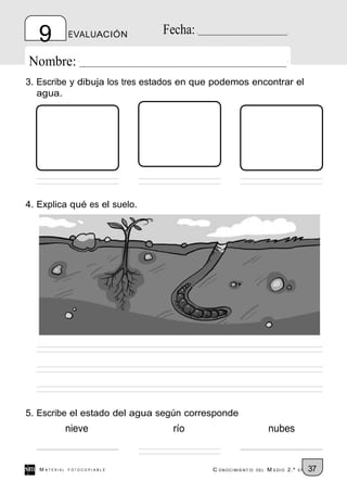 9           EVALUACIÓN      Fecha:

Nombre:
3. Escribe y dibuja los tres estados en que podemos encontrar el
   agua.




4. Explica qué es el suelo.




5. Escribe el estado del agua según corresponde
               nieve             río                              nubes


   M ATERIAL   FOTOCOPIABLE                C ONOCIMIENT O   DEL   M EDIO 2.º   EP   37
 