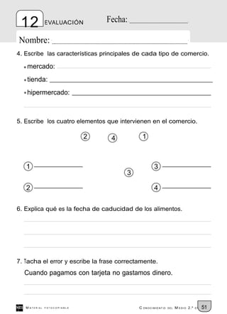 12            EVALUACIÓN         Fecha:

Nombre:
4. Escribe las características principales de cada tipo de comercio.

   mercado:
   tienda:
   hipermercado:



5. Escribe los cuatro elementos que intervienen en el comercio.

                              2    4         1



   1                                               3
                                       3

   2                                               4


6. Explica qué es la fecha de caducidad de los alimentos.




7. Tacha el error y escribe la frase correctamente.
  Cuando pagamos con tarjeta no gastamos dinero.



   M ATERIAL   FOTOCOPIABLE                 C ONOCIMIENT O   DEL   M EDIO 2.º   EP   51
 