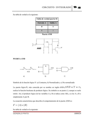 CIRCUITO INTEGRADO
Su tabla de verdad es la siguiente:
Tabla de verdad puerta SI
Entrada A Salida A
0 0
1 1
Puerta AND
PUERTA AND
Símbolo de la función lógica Y: a) Contactos, b) Normalizado y c) No normalizado
La puerta lógica Y, más conocida por su nombre en inglés AND ( ),
realiza la función booleana de producto lógico. Su símbolo es un punto (·), aunque se suele
omitir. Así, el producto lógico de las variables A y B se indica como AB, y se lee A y B o
simplemente A por B.
La ecuación característica que describe el comportamiento de la puerta AND es:
Su tabla de verdad es la siguiente:
GONZALO PINTO UNACH
 