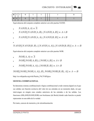 CIRCUITO INTEGRADO
0 1 1 0 1 1 1 0
0 0 1 0 0 1 1 1
Equivalencias del conjunto completo anterior con sólo puertas NAND:




Equivalencias del conjunto completo anterior con sólo puertas NOR:



http://es.wikipedia.org/wiki/Puerta_l%C3%B3gica
SISTEMA COMBINACIONAL
Se denomina sistema combinacional o lógica combinacional a todo sistema digital en el que
sus salidas son función exclusiva del valor de sus entradas en un momento dado, sin que
intervengan en ningún caso estados anteriores de las entradas o de las salidas. Las
funciones (OR,AND,NAND,XOR) son booleanas (de Boole) donde cada función se puede
representar en una tabla de la verdad.
Por tanto, carecen de memoria y de retroalimentación.
GONZALO PINTO UNACH
 
