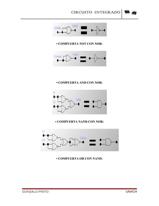 CIRCUITO INTEGRADO
• COMPUERTA NOT CON NOR:
• COMPUERTA AND CON NOR:
• COMPUERTA NAND CON NOR:
• COMPUERTA OR CON NAND:
GONZALO PINTO UNACH
 