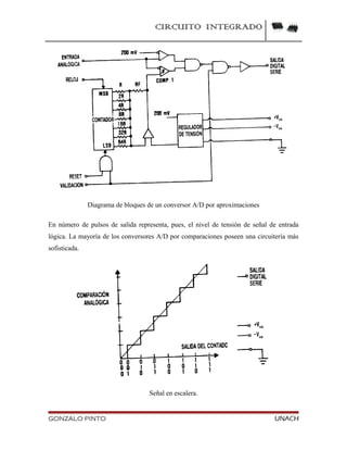 CIRCUITO INTEGRADO
Diagrama de bloques de un conversor A/D por aproximaciones
En número de pulsos de salida representa, pues, el nivel de tensión de señal de entrada
lógica. La mayoría de los conversores A/D por comparaciones poseen una circuitería más
sofisticada.
Señal en escalera.
GONZALO PINTO UNACH
 
