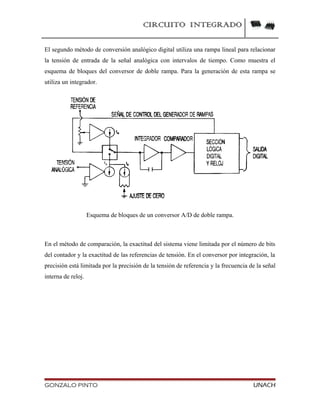 CIRCUITO INTEGRADO
El segundo método de conversión analógico digital utiliza una rampa lineal para relacionar
la tensión de entrada de la señal analógica con intervalos de tiempo. Como muestra el
esquema de bloques del conversor de doble rampa. Para la generación de esta rampa se
utiliza un integrador.
Esquema de bloques de un conversor A/D de doble rampa.
En el método de comparación, la exactitud del sistema viene limitada por el número de bits
del contador y la exactitud de las referencias de tensión. En el conversor por integración, la
precisión está limitada por la precisión de la tensión de referencia y la frecuencia de la señal
interna de reloj.
GONZALO PINTO UNACH
 