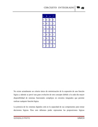 CIRCUITO INTEGRADO
No existe actualmente un criterio único de minimización de la expresión de una función
lógica y además se prevé una gran evolución de este concepto debido a la cada día mayor
disponibilidad de sistemas funcionales complejos en circuitos integrados que permite
realizar cualquier función lógica.
La potencia de los sistemas digitales está en la capacidad de sus componentes para tomar
decisiones lógicas. Para esto debemos poder representar las proposiciones lógicas
GONZALO PINTO UNACH
c b a f
0 0 0 0
0 0 1 1
0 1 0 0
0 1 1 1
1 0 0 1
1 0 1 0
1 1 0 1
1 1 1 1
 