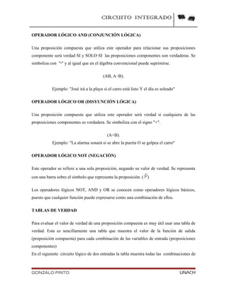 CIRCUITO INTEGRADO
OPERADOR LÓGICO AND (CONJUNCIÓN LÓGICA)
Una proposición compuesta que utiliza este operador para relacionar sus proposiciones
componente será verdad SI y SOLO SI las proposiciones componentes son verdaderas. Se
simboliza con "·" y al igual que en el álgebra convencional puede suprimirse.
(AB, A ·B).
Ejemplo: "José irá a la playa si el carro está listo Y el día es soleado"
OPERADOR LÓGICO OR (DISYUNCIÓN LÓGICA)
Una proposición compuesta que utiliza este operador será verdad si cualquiera de las
proposiciones componentes es verdadera. Se simboliza con el signo "+".
(A+B).
Ejemplo: "La alarma sonará si se abre la puerta O se golpea el carro"
OPERADOR LÓGICO NOT (NEGACIÓN)
Este operador se refiere a una sola proposición, negando su valor de verdad. Se representa
con una barra sobre el símbolo que representa la proposición. ( )
Los operadores lógicos NOT, AND y OR se conocen como operadores lógicos básicos,
puesto que cualquier función puede expresarse como una combinación de ellos.
TABLAS DE VERDAD
Para evaluar el valor de verdad de una proposición compuesta es muy útil usar una tabla de
verdad. Esta es sencillamente una tabla que muestra el valor de la función de salida
(proposición compuesta) para cada combinación de las variables de entrada (proposiciones
componentes)
En el siguiente circuito lógico de dos entradas la tabla muestra todas las combinaciones de
GONZALO PINTO UNACH
 