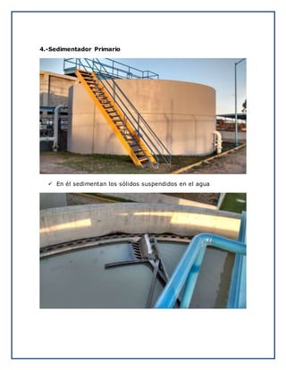 4.-Sedimentador Primario
 En él sedimentan los sólidos suspendidos en el agua
 