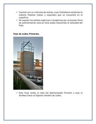  Cuentan con un sistemas de rastras, cuya finalidad es recolectar la
materia flotante (natas y espumas) que se encuentra en la
superficie
 Se separan los sólidos orgánicos e inorgánicos por el proceso físico
de sedimentación, esto se lleva acabo reduciendo la velocidad del
flujo.
Fosa de Lodos Primarios.
 Esta Fosa recibe el lodo del Sedimentador Primario y esta lo
bombea hacia el Digestor Aerobio de Lodos.
 