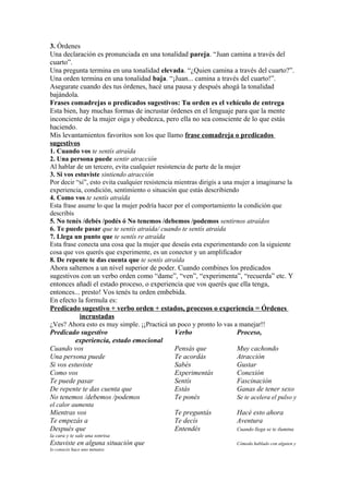 3. Órdenes
Una declaración es pronunciada en una tonalidad pareja. “Juan camina a través del
cuarto”.
Una pregunta termina en una tonalidad elevada. “¿Quien camina a través del cuarto?”.
Una orden termina en una tonalidad baja. “¡Juan... camina a través del cuarto!”.
Asegurate cuando des tus órdenes, hacé una pausa y después ahogá la tonalidad
bajándola.
Frases comadrejas o predicados sugestivos: Tu orden es el vehículo de entrega
Esta bien, hay muchas formas de incrustar órdenes en el lenguaje para que la mente
inconciente de la mujer oiga y obedezca, pero ella no sea consciente de lo que estás
haciendo.
Mis levantamientos favoritos son los que llamo frase comadreja o predicados
sugestivos
1. Cuando vos te sentís atraída
2. Una persona puede sentir atracción
Al hablar de un tercero, evita cualquier resistencia de parte de la mujer
3. Si vos estuviste sintiendo atracción
Por decir “si”, esto evita cualquier resistencia mientras dirigís a una mujer a imaginarse la
experiencia, condición, sentimiento o situación que estás describiendo
4. Como vos te sentís atraída
Esta frase asume lo que la mujer podría hacer por el comportamiento la condición que
describís
5. No tenés /debés /podés ó No tenemos /debemos /podemos sentirnos atraídos
6. Te puede pasar que te sentís atraída/ cuando te sentís atraída
7. Llega un punto que te sentís re atraída
Esta frase conecta una cosa que la mujer que deseás esta experimentando con la siguiente
cosa que vos querés que experimente, es un conector y un amplificador
8. De repente te das cuenta que te sentís atraída
Ahora saltemos a un nivel superior de poder. Cuando combines los predicados
sugestivos con un verbo orden como “dame”, “ven”, “experimenta”, “recuerda” etc. Y
entonces añadí el estado proceso, o experiencia que vos querés que ella tenga,
entonces... presto! Vos tenés tu orden embebida.
En efecto la formula es:
Predicado sugestivo + verbo orden + estados, procesos o experiencia = Órdenes
incrustadas
¿Ves? Ahora esto es muy simple. ¡¡Practicá un poco y pronto lo vas a manejar!!
Predicado sugestivo Verbo Proceso,
experiencia, estado emocional
Cuando vos Pensás que Muy cachondo
Una persona puede Te acordás Atracción
Si vos estuviste Sabés Gustar
Como vos Experimentás Conexión
Te puede pasar Sentís Fascinación
De repente te das cuenta que Estás Ganas de tener sexo
No tenemos /debemos /podemos Te ponés Se te acelera el pulso y
el calor aumenta
Mientras vos Te preguntás Hacé esto ahora
Te empezás a Te decís Aventura
Después que Entendés Cuando llega se te ilumina
la cara y te sale una sonrisa
Estuviste en alguna situación que Cómoda hablado con alguien y
lo conocés hace uno minutos
 