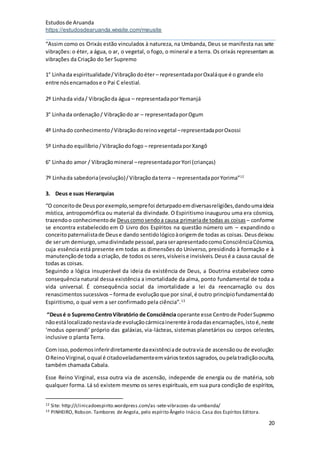 Estudosde Aruanda
https://estudosdearuanda.wixsite.com/meusite
20
“Assim como os Orixás estão vinculados à natureza, na Umbanda, Deus se manifesta nas sete
vibrações: o éter, a água, o ar, o vegetal, o fogo, o mineral e a terra. Os orixás representam as
vibrações da Criação do Ser Supremo
1° Linhada espiritualidade/Vibraçãodoéter – representadaporOxaláque é o grande elo
entre nósencarnadose o Pai C elestial.
2º Linhada vida/ Vibraçãoda água – representadaporYemanjá
3° Linhada ordenação/ Vibraçãodo ar – representadaporOgum
4º Linhado conhecimento/Vibraçãodoreinovegetal –representadaporOxossi
5º Linhado equilíbrio/Vibraçãodofogo – representadaporXangô
6° Linhado amor / Vibraçãomineral –representadaporYori (crianças)
7º Linhada sabedoria(evolução)/Vibraçãodaterra – representadaporYorima”12
3. Deus e suas Hierarquias
“O conceitode Deusporexemplo,semprefoi deturpadoemdiversasreligiões,dandoumaideia
mística, antropomórfica ou material da divindade. O Espiritismo inaugurou uma era cósmica,
trazendoo conhecimentode Deuscomosendoa causa primariade todas as coisas – conforme
se encontra estabelecido em O Livro dos Espíritos na questão número um – expandindo o
conceitopaternalistade Deuse dando sentidológicoàorigemde todas as coisas. Deusdeixou
de serum demiurgo,umadivindade pessoal,paraserapresentadocomoConsciênciaCósmica,
cuja essência está presente em todas as dimensões do Universo, presidindo à formação e à
manutençãode toda a criação, de todos os seres,visíveise invisíveis.Deusé a causa causal de
todas as coisas.
Seguindo a lógica insuperável da ideia da existência de Deus, a Doutrina estabelece como
consequência natural dessa existência a imortalidade da alma, ponto fundamental de toda a
vida universal. É consequência social da imortalidade a lei da reencarnação ou dos
renascimentossucessivos – formade evoluçãoque por sinal,é outro princípiofundamentaldo
Espiritismo, o qual vem a ser confirmado pela ciência”.13
“Deusé o SupremoCentroVibratório de Consciência operante esse Centrode PoderSupremo
nãoestálocalizadonestaviade evoluçãocármicainerente àrodadasencarnações,istoé,neste
‘modus operandi’ próprio das galáxias, via-lácteas, sistemas planetários ou corpos celestes,
inclusive o planta Terra.
Com isso,podemosinferirdiretamente daexistênciade outravia de ascensãoou de evolução:
OReinoVirginal,oqual é citadoveladamenteemváriostextossagrados,oupelatradiçãooculta,
também chamada Cabala.
Esse Reino Virginal, essa outra via de ascensão, independe de energia ou de matéria, sob
qualquer forma. Lá só existem mesmo os seres espirituais, em sua pura condição de espíritos,
12 Site: http://clinicadoespirito.wordpress.com/as-sete-vibracoes-da-umbanda/
13 PINHEIRO, Robson. Tambores de Angola, pelo espírito Ângelo Inácio.Casa dos Espíritos Editora.
 
