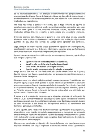 Estudosde Aruanda
https://estudosdearuanda.wixsite.com/meusite
52
Se ela polarizasse com Iansã, suas energias não seriam irradiadas porque aconteceria
uma propagação delas na forma de labaredas, já que as duas são de magnetismos e
elemento feminino. Eis aíachave das polarizações, que obedecem a uma ordenação das
irradiações por magnetismos.
Até nisso nós vemos a perfeição do Criador, pois o fogo feminino de Egunitá se
espalharia pelo elemento eólico de Iansã e assumiria proporções alarmantes. Mas ao se
polarizar com Ogum, e se ela, enquanto divindade natural, absorver muito das
irradiações eólicas dele, irá se resfriar e será anulada em seu próprio elemento.
O inverso acontece com Ogum, que é passivo e só se torna ativo em seu segundo
elemento, o que o alimenta, aquecendo-o e energizando suas irradiações. Ogum, como
guardião da Lei, atua nos campos da Justiça como aplicador das sentenças.
Logo, se Ogum absorver o fogo de Xangô, que também é passivo em seu magnetismo,
esse fogo só irá consumir o ar de Ogum e não irá gerar a energia ígnea que fluiria como
calor pelas irradiações retas do seu magnetismo, que é passivo.
Ogum é passivo no magnetismo eólico e ativo em seu segundo elemento, que é o fogo
que energiza (aquece) o ar.
 Ogum irradia em linha reta (irradiação contínua).
 Xangô irradia em linha reta (irradiação contínua).
 Iansã irradia em espirais (irradiação circular).
 Egunitá irradia por propagação (irradiação propagada).
Xangô polariza com Iansã e suas irradiações passivas se tornam ativas no ar (raios);
Egunitá polariza com Ogum e suas irradiações por propagação magnética assumem a
forma de fachos flamejantes.
Observem que a Lei e a Justiça são inseparáveis e para comentarmos Egunitá temos que
envolver Ogum, Xangô e Iansã, que são os outros três orixás que também se polarizam
e criam campos específicos de duas das sete linha de Umbanda. Ela é cósmica (negativa)
e seu primeiro elemento é o fogo, que se polariza com seu segundo elemento, que é o
ar. Portanto, como o fogo é o elemento da linha da Justiça, ela é uma divindade que
aplica a Justiça Divina na vida dos seres.
E porque o ar é seu segundo elemento, que a alimenta e energiza e é o elemento da
linha da Lei,ela é uma divindade que aplicaajustiça como agente ativa da Lei e consome
os vícios emocionais e os desequilíbrios mentais dos seres. Os vícios emocionais tornam
os seres insensíveis à dor alheia. Os desequilíbrios mentais os transformam em
tormentos para seus semelhantes.
A Orixá Egunitá, como irradiadora da chama cósmica e purificadora da Justiça Divina,
atua sobre os seres movidos por paixões avassaladoras e os incandesce até um ponto
em que começam a consumir a sipróprios. Quanto aos desequilibrados mentais, Egunitá
retira todo o calor (energiaígnea)do corpo energético do ser eele seresfriade imediato,
tornando-se frio e escuro (egun).
Mas os eguns paralisados por Egunitá não são os do Tempo, pois trasnformam-se em
espíritos sofredores sem chegar ao grau de espectros totalmente vazios. Egunitá retira
 
