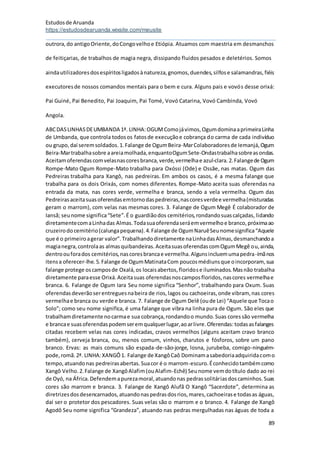 Estudosde Aruanda
https://estudosdearuanda.wixsite.com/meusite
89
outrora,do antigoOriente,doCongovelhoe Etiópia. Atuamos com maestria em desmanchos
de feitiçarias, de trabalhos de magia negra, dissipando fluidos pesados e deletérios. Somos
aindautilizadoresdosespíritosligadosànatureza,gnomos,duendes,silfose salamandras,fiéis
executoresde nossos comandos mentais para o bem e cura. Alguns pais e vovós desse orixá:
Pai Guiné, Pai Benedito, Pai Joaquim, Pai Tomé, Vovó Catarina, Vovó Cambinda, Vovó
Angola.
ABCDASLINHASDEUMBANDA 1ª. LINHA:OGUMComojávimos,OgumdominaaprimeiraLinha
de Umbanda, que controla todosos fatosde execuçãoe cobrança do carma de cada indivíduo
ou grupo,daí seremsoldados.1.Falange de OgumBeira-MarColaboradoresde Iemanjá,Ogum
Beira-Martrabalhasobre aareiamolhada,enquantoOgumSete-Ondastrabalhasobreasondas.
Aceitamoferendascomvelasnascoresbranca,verde,vermelhae azul-clara.2.Falangede Ogum
Rompe-Mato Ogum Rompe-Mato trabalha para Oxóssi (Ode) e Ossãe, nas matas. Ogum das
Pedreiras trabalha para Xangô, nas pedreiras. Em ambos os casos, é a mesma falange que
trabalha para os dois Orixás, com nomes diferentes. Rompe-Mato aceita suas oferendas na
entrada da mata, nas cores verde, vermelha e branca, sendo a vela vermelha. Ogum das
Pedreirasaceitasuasoferendasemtornodaspedreiras,nascoresverdee vermelha(misturadas
geram o marrom), com velas nas mesmas cores. 3. Falange de Ogum Megê É colaborador de
Iansã; seunome significa“Sete”.É o guardiãodos cemitérios,rondandosuascalçadas, lidando
diretamentecomaLinhadas Almas.Todasuaoferendaseráemvermelhoe branco,próximaao
cruzeirodo cemitério(calungapequena).4.Falange de OgumNaruêSeunomesignifica“Aquele
que é o primeiroagerar valor”.Trabalhandodiretamente naLinhadasAlmas,desmanchandoa
magianegra,controlaas almasquibandeiras.AceitasuasoferendascomOgumMegê ou,ainda,
dentroouforados cemitérios,nascoresbrancae vermelha.Algunsincluemumapedra-ímãnos
itensa oferecer-lhe.5.Falange de OgumMatinataCom poucosmédiunsque oincorporam, sua
falange protege oscamposde Oxalá,os locaisabertos,floridose iluminados.Masnão trabalha
diretamente paraesse Orixá.Aceitasuas oferendasnoscamposfloridos,nascores vermelhae
branca. 6. Falange de Ogum Iara Seu nome significa “Senhor”, trabalhando para Oxum. Suas
oferendasdeverãoserentreguesnabeira de rios,lagos ou cachoeiras,onde vibram, nas cores
vermelhae branca ou verde e branca. 7. Falange de Ogum Delê (oude Lei) “Aquele que Tocao
Solo”; como seu nome significa, é uma falange que vibra na linha pura de Ogum. São eles que
trabalhamdiretamente nocarmae sua cobrança,rondandoo mundo.Suas coressão vermelha
e brancae suasoferendaspodemseremqualquerlugar,aoarlivre.Oferendas:todasasfalanges
citadas recebem velas nas cores indicadas, cravos vermelhos (alguns aceitam cravo branco
também), cerveja branca, ou, menos comum, vinhos, charutos e fósforos, sobre um pano
branco. Ervas: as mais comuns são espada-de-são-jorge, losna, jurubeba, comigo-ninguém-
pode,romã.2ª. LINHA:XANGÔ1. Falange de XangôCaô Dominamasabedoriaadquiridacomo
tempo,atuandonas pedreirasabertas.Suacor é o marrom-escuro.Éconhecidotambémcomo
Xangô Velho.2.Falange de XangôAlafim(ouAlafim-Echê) Seunome vemdotítulo dado ao rei
de Oyó, na África.Defendemapurezamoral,atuandonas pedrassolitáriasdoscaminhos.Suas
cores são marrom e branca. 3. Falange de Xangô Alufã O Xangô “Sacerdote”, determina as
diretrizesdosdesencarnados,atuandonaspedrasdosrios,mares,cachoeirase todasas águas,
daí ser o protetor dos pescadores. Suas velas são o marrom e o branco. 4. Falange de Xangô
Agodô Seu nome significa “Grandeza”, atuando nas pedras mergulhadas nas águas de toda a
 