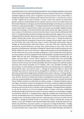 Estudosde Aruanda
https://estudosdearuanda.wixsite.com/meusite
91
CaboclaNana Burucum é chefe da falange dasOndinas.Suasentidadestrabalhamnabeiradas
fontese trazemumavibraçãocapazde proporcionarpaze compreensãonoslares.Protegemas
atividades ligadas ao ensino, como o magistério. Sua vela será clara e lilás, ao Orixá Nana. 4.
Falange da Cabocla Iansã A Cabocla Iansã representa o Orixá com o mesmo nome, junto à
Iemanjá. Trabalha sob os fortes temporais e chuvas, forças essas capazes de proporcionar
grande resistência nas dificuldades da vida. Aceitam velas azuis-claras e vermelha e branca ao
OrixáIansã.Podendoserentreguesjuntoàsoferendasde Xangônosbambuzaisouna beirade
cachoeiras,longe daquedad’água.5. Falange daCabocla OxumAsenergiasdoamor puro e da
luzque irradia sobre as cachoeirassão a matéria-primaparasuas atividades,ligadasàIemanjá.
Através de sua falange, os fluidos benfeitores são trazidos através das “águas espirituais”,ou
seja,o prana ou fluidocósmicouniversal.Suavelaseráazul-clarae amarela,dedicadaao Orixá
Oxum.6. Falange daCaboclaIndaiáSua falange é dasCaboclasdo Mar, ligadasa Yori,ou seja,a
Falange de Cosme e Damião.Absorvemenergiasde várioselementose transmutamnaenergia
alegre e vibrante das crianças. Suas velas serão azuis-claras e rosas. 7. Falange da Cabocla ou
Sereia Janaína Estão sob sua guarda a força do amor conjugal e da procriação. Ligam-se muito
ao Orixá Oxalá. Suas velas serão azuis claras e brancas. Oferendas: basicamente, todas as
falanges de Iemanjá aceitam sobre pano branco e azul-claro, fitas azuis, espelhos, pentes,
perfumes de seiva de alfazema ou seiva de rosas, flores brancas ou azuis, rosas, lírios, mel,
guaranás ou bebidasdocese delicadas.A Falange da CaboclaIansã recebe cervejapreta como
bebida. Observa-se que as cores das velas e algumas observaçõesvariam da bibliografia,com
finsde uniformizarcomas cores utilizadasnaUmbanda, e não no Candomblé.Ervas:lágrimas-
de-nossa-senhora,camomila,espada-de-iansã,folhasde bambue qualquerplantaaquática.5ª.
LINHA: YORI Yori quer dizer “Vitalidade saindo da luz”. É formada pelas entidades que, por
opção, quiseram manter a forma infantil, algumas já em preparo para uma reencarnação
próxima. Onde for necessária uma vibração dirigida à alegria, à fraternidade e à comunhão, lá
estaráa Linhade Yori que,por essabelaqualidade,dominaasenergiasmaissublimesdoplano
espiritual. Uma criança brincando, em um trabalho, não é uma atividade infrutífera, como
pensamalguns.É umaentidade que sabe perfeitamente oque estáfazendo,comoobjetivode
descarrego de tudo o que está em volta. 1. Falange de Tupanzinho (Idolu ou Idossu) São
entidades que vibram na Linha de Oxóssi, protegendo os lenhadores e animais. Gostam, nas
oferendas,deapetrechosindígenasbemenfeitados,fitasverdese velarosa.2.Falange deDoum
São entidadesque nasceramnoperíododocativeirocomoDoum, eramfilhosde mãe indígena
e pai africano. Auxiliam os tratamentos médicos, protegendo os profissionais da saúde e os
enfermos,proporcionandomaisintegraçãoentre ambos.CruzamsecomaLinhade Yorimá (dos
Pretos-Velhos) e aceitam suas oferendas em jardins e praças. 3. Falange de Alabá Cruzam-se
com Ogum, Oxumarê e Iemanjá. Da vibração dos três Orixás, recebem condição de trabalhar
com osmilitares,dandocorageme piedadeaosque usamfarda.Suasoferendassãopróximasa
cachoeiras,poisascoresdo arco-írisatraemmuitoessafalange.4.Falange de DansuEspalham-
se nos dias de tormenta, com fins de proteger adultos e crianças nesses dias, trabalhando
tambémparaXangô.Gostamde fitasmarronse até seixosroladosemsuasbandejas,entregues
nas pedras de cachoeiras. 5. Falange de Sansu Legião de entidades que se apresentam como
meninas,distribuidorasde ternura,vindade Deus.TrabalhamcruzadascomIemanjá.Devemser
entreguesaelas:conchinhase estrelas-do-mar,nabeirada praia,juntocom os outros itensda
oferenda. 6. Falange de Damião Cruzam-se com Cosme e Doum, cuidando das crianças do
espaço, ou seja, das entidades recém-desencarnadas ainda crianças, de grande poder de cura.
Vibram, de preferência, nas praias e jardins, seu lugar para a entrega de oferendas.7. Falange
de Cosme São elesque detêmaresponsabilidadedaguardadas crianças recém-desencarnadas
na Linha de Oxalá. Com o qual cruzam. Alimentam-nas com fluidos delicados, chamados de
 