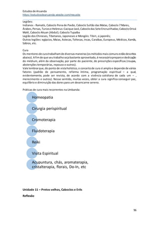Estudosde Aruanda
https://estudosdearuanda.wixsite.com/meusite
96
Legiões:
Indianos - Ramatís, Caboclo Pena de Pavão, Caboclo Sultão das Matas, Caboclo 7 Mares,
Árabes,Persas, Turcose Hebreus:Cacique Jacó,Caboclodas Sete Encruzilhadas;CabocloOrixá
Malê, Caboclo Akuan (Abdul); Caboclo Tupaíba
Legião dos Chineses, Tibetanos, Japoneses e Mongóis: Tibiri, o japonês;
Outras legiões: egípcios, Maias, Astecas,Toltecas, Incas, Caraíbas, Europeus, Médicos,Xamãs,
Sábios, etc.
Cura
Os mentoresde curatrabalhamde diversasmaneiras(osmétodosmaiscomunsestãodescritos
abaixo).A fimde que seutrabalhosejabastante aproveitado,é necessáriopreparoe dedicação
do médium, além da observação, por parte do paciente, de prescrições específicas (roupas,
abstenções temporárias, repouso e outros).
Vale lembrarque,do ponto de vistaholístico,o conceitode cura é amploe depende de vários
fatores (padrão de pensamento, reforma íntima, programação espiritual – a qual,
evidentemente, pode ser revista, de acordo com a vivência cotidiana de cada um – ,
merecimento e outros). Nesse sentido, muitas vezes, obter a cura significa conseguir paz,
equilíbrio e diminuição das dores para um desencarne sereno.
Práticas de cura mais recorrentes na Umbanda:
Unidade 11 – Pretos velhos, Caboclos e Erês
Reflexão
Homeopatia
Cirurgia perispiritual
Cromoterapia
Fluidoterapia
Reiki
Visita Espiritual
Acupuntura, chás, aromaterapia,
cristalterapia, florais, Do-In, etc
 