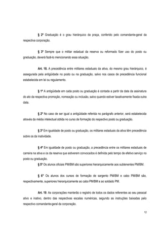12
§ 2º Graduação é o grau hierárquico da praça, conferido pelo comandante-geral da
respectiva corporação.
§ 3º Sempre que o militar estadual da reserva ou reformado fizer uso do posto ou
graduação, deverá fazê-lo mencionando essa situação.
Art. 18. A precedência entre militares estaduais da ativa, do mesmo grau hierárquico, é
assegurada pela antigüidade no posto ou na graduação, salvo nos casos de precedência funcional
estabelecida em lei ou regulamento.
§ 1º A antigüidade em cada posto ou graduação é contada a partir da data da assinatura
do ato da respectiva promoção, nomeação ou inclusão, salvo quando estiver taxativamente fixada outra
data.
§ 2º No caso de ser igual a antigüidade referida no parágrafo anterior, será estabelecida
através da média intelectual obtida no curso de formação do respectivo posto ou graduação.
§ 3º Em igualdade de posto ou graduação, os militares estaduais da ativa têm precedência
sobre os da inatividade.
§ 4º Em igualdade de posto ou graduação, a precedência entre os militares estaduais de
carreira na ativa e os da reserva que estiverem convocados é definida pelo tempo de efetivo serviço no
posto ou graduação.
§ 5º Os alunos oficiais PM/BM são superiores hierarquicamente aos subtenentes PM/BM.
§ 6° Os alunos dos cursos de formação de sargento PM/BM e cabo PM/BM são,
respectivamente, superiores hierarquicamente ao cabo PM/BM e ao soldado PM.
Art. 19. As corporações manterão o registro de todos os dados referentes ao seu pessoal
ativo e inativo, dentro das respectivas escalas numéricas, segundo as instruções baixadas pelo
respectivo comandante-geral da corporação.
 