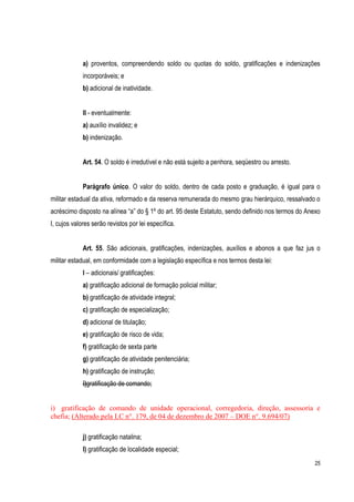 25
a) proventos, compreendendo soldo ou quotas do soldo, gratificações e indenizações
incorporáveis; e
b) adicional de inatividade.
II - eventualmente:
a) auxílio invalidez; e
b) indenização.
Art. 54. O soldo é irredutível e não está sujeito a penhora, seqüestro ou arresto.
Parágrafo único. O valor do soldo, dentro de cada posto e graduação, é igual para o
militar estadual da ativa, reformado e da reserva remunerada do mesmo grau hierárquico, ressalvado o
acréscimo disposto na alínea “a” do § 1º do art. 95 deste Estatuto, sendo definido nos termos do Anexo
I, cujos valores serão revistos por lei específica.
Art. 55. São adicionais, gratificações, indenizações, auxílios e abonos a que faz jus o
militar estadual, em conformidade com a legislação específica e nos termos desta lei:
I – adicionais/ gratificações:
a) gratificação adicional de formação policial militar;
b) gratificação de atividade integral;
c) gratificação de especialização;
d) adicional de titulação;
e) gratificação de risco de vida;
f) gratificação de sexta parte
g) gratificação de atividade penitenciária;
h) gratificação de instrução;
i)gratificação de comando;
i) gratificação de comando de unidade operacional, corregedoria, direção, assessoria e
chefia; (Alterado pela LC n°. 179, de 04 de dezembro de 2007 – DOE n°. 9.694/07)
j) gratificação natalina;
l) gratificação de localidade especial;
 