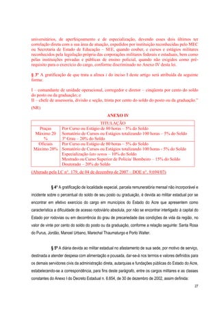 27
universitários, de aperfeiçoamento e de especialização, devendo esses dois últimos ter
correlação direta com a sua área de atuação, expedidos por instituição reconhecidas pelo MEC
ou Secretaria de Estado de Educação – SEE, quando couber, e cursos e estágios militares
reconhecidos pela legislação própria das corporações militares federais e estaduais, bem como
pelas instituições privadas e públicas de ensino policial, quando não exigidos como pré-
requisito para o exercício do cargo, conforme discriminado no Anexo IV desta lei.
§ 3º A gratificação de que trata a alínea i do inciso I deste artigo será atribuída da seguinte
forma:
I – comandante de unidade operacional, corregedor e diretor – cinqüenta por cento do soldo
do posto ou da graduação; e
II – chefe de assessoria, divisão e seção, trinta por cento do soldo do posto ou da graduação.”
(NR)
ANEXO IV
TITULAÇÃO
Praças
Máximo 20
%
Por Curso ou Estágio de 80 horas – 5% do Soldo
Somatório de Cursos ou Estágios totalizando 100 horas – 5% do Soldo
3º Grau – 20% do Soldo
Oficiais
Máximo 20%
Por Curso ou Estágio de 80 horas – 5% do Soldo
Somatório de Cursos ou Estágios totalizando 100 horas - 5% do Soldo
Especialização lato sensu – 10% do Soldo
Mestrado ou Curso Superior de Polícia/ Bombeiro – 15% do Soldo
Doutorado – 20% do Soldo
(Alterado pela LC n°. 179, de 04 de dezembro de 2007 – DOE n°. 9.694/07)
§ 4º A gratificação de localidade especial, parcela remuneratória mensal não incorporável e
incidente sobre o percentual do soldo de seu posto ou graduação, é devida ao militar estadual por se
encontrar em efetivo exercício do cargo em municípios do Estado do Acre que apresentem como
característica a dificuldade de acesso rodoviário absoluta, por não se encontrar interligado à capital do
Estado por rodovias ou em decorrência do grau de precariedade das condições de vida da região, no
valor de vinte por cento do soldo do posto ou da graduação, conforme a relação seguinte: Santa Rosa
do Purus, Jordão, Manoel Urbano, Marechal Thaumaturgo e Porto Walter.
§ 5º A diária devida ao militar estadual no afastamento de sua sede, por motivo de serviço,
destinada a atender despesa com alimentação e pousada, dar-se-á nos termos e valores definidos para
os demais servidores civis da administração direta, autarquias e fundações públicas do Estado do Acre,
estabelecendo-se a correspondência, para fins deste parágrafo, entre os cargos militares e as classes
constantes do Anexo I do Decreto Estadual n. 6.854, de 30 de dezembro de 2002, assim definida:
 