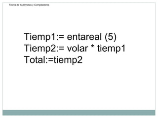 Tiemp1:= entareal (5) Tiemp2:= volar * tiemp1 Total:=tiemp2 Teoría de Autómatas y Compiladores 