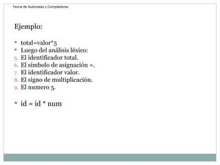 Ejemplo: total=valor*5 Luego del análisis léxico: El identificador total. El símbolo de asignación =. El identificador valor. El signo de multiplicación. El numero 5. id = id * num Teoría de Autómatas y Compiladores 