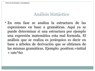 Análisis Sintáctico En esta fase se analiza la estructura de las expresiones en base a gramáticas. Aquí ya se puede determinar si una estructura por ejemplo una expresión matemática esta mal formada. El análisis que se realiza es jerárquico es decir en base a árboles de derivación que se obtienen de las mismas gramáticas. Ejemplo: position:=initial + rate*60  Teoría de Autómatas y Compiladores 