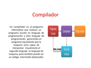 Compilador
Un compilador es un programa
informático que traduce un
programa escrito en lenguaje de
programación a otro lenguaje de
programación, generando un
programa equivalente que la
maquina seria capaz de
interpretar. Usualmente el
segundo lenguaje es lenguaje de
maquina, pero también puede ser
un código intermedio (bytecode).
 