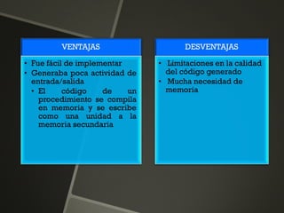 VENTAJAS
• Fue fácil de implementar
• Generaba poca actividad de
entrada/salida
• El código de un
procedimiento se compila
en memoria y se escribe
como una unidad a la
memoria secundaria
DESVENTAJAS
• Limitaciones en la calidad
del código generado
• Mucha necesidad de
memoria
 